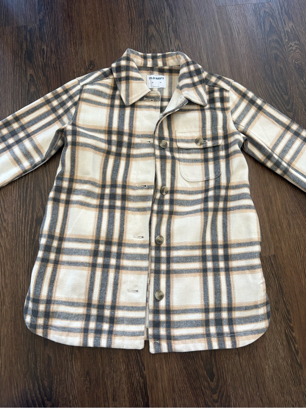 Old Navy Cream, Gray & Tan Plaid Button-Up Shacket
